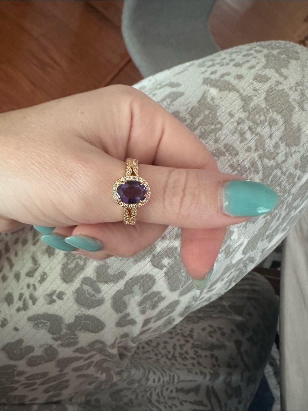 Gold Plated Ring with Purple lab Oval Gemstone and Pavé Accents- Women Jewelry